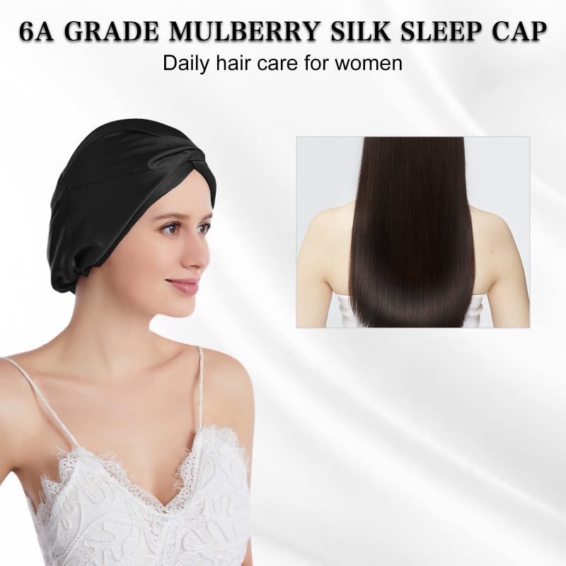 SOBONNY Silk Bonnet for Sleeping 100% Mulberry Silk Sleep Cap for Women Hair Care Night Cap Fixed by The Elastic(1Pc  Black) - Image 2